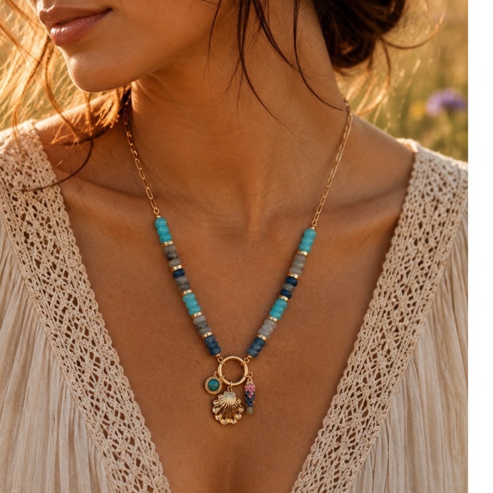 Gold Tone Seashell Charm Necklace Turquoise Beaded Paperclip Chain Coastal Fish